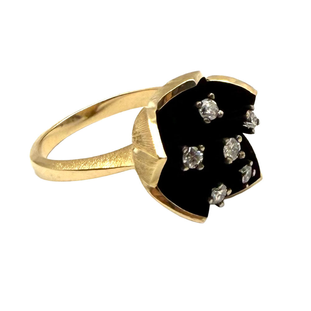 Diamond 14K Yellow Gold Blackened Floral Design Ring