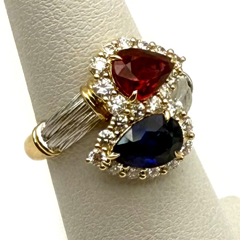 Ruby Sapphire Diamond 18K YG & WG Saddle Design Ring