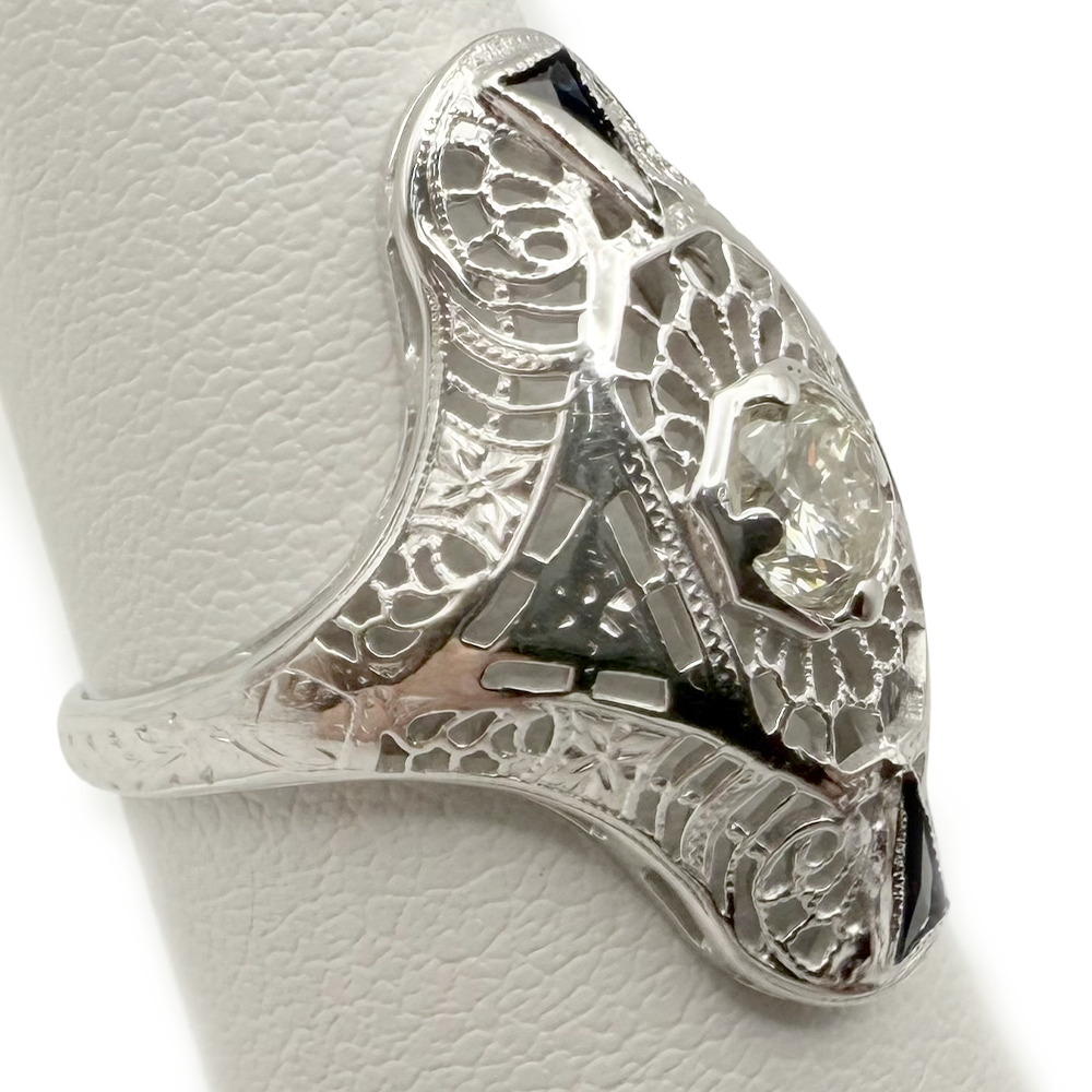 Art Deco Diamond Sapphire 18K White Gold Ring