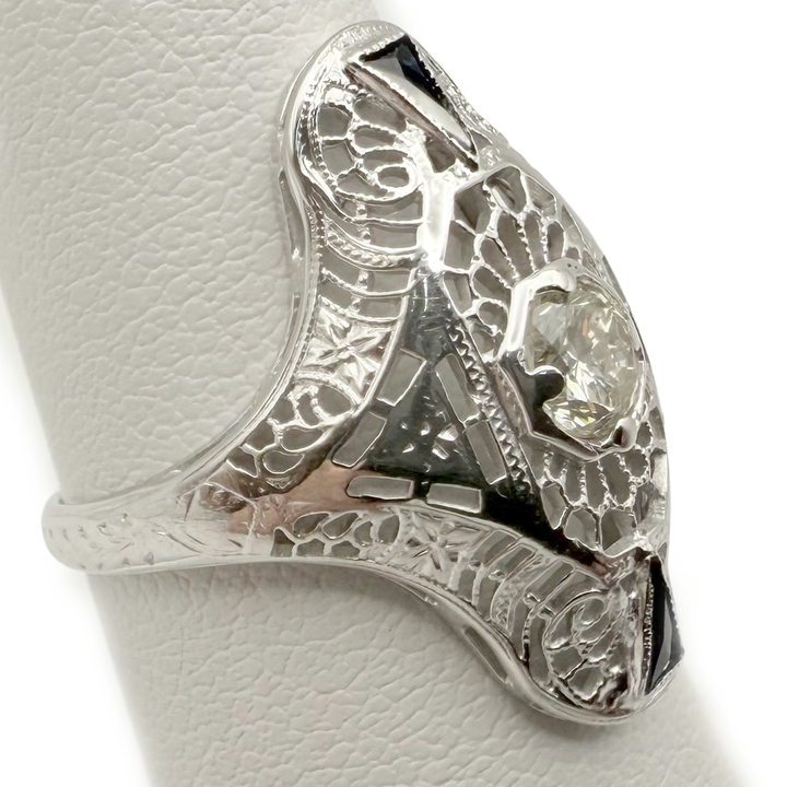 Art Deco Diamond Sapphire 18K White Gold Ring
