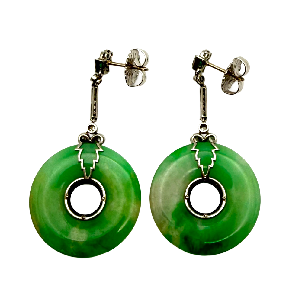 Art Deco Jade Onyx Emerald Diamond Drop Earrings
