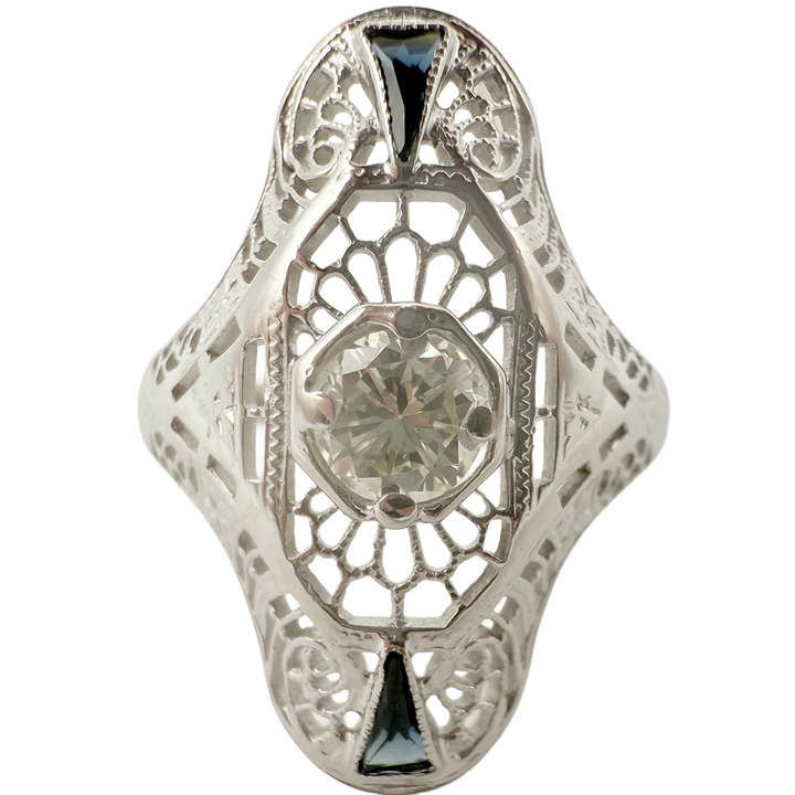 Art Deco Diamond Sapphire 18K White Gold Ring
