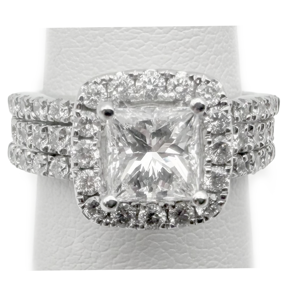 1.01 Carat E VS2 GIA Princess Cut Diamond 14K WG Wedding Ring Set