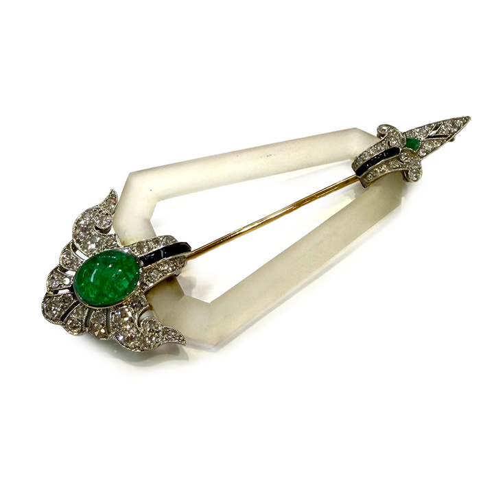 Art Deco Emerald Onyx Diamond Crystal Platinum Brooch