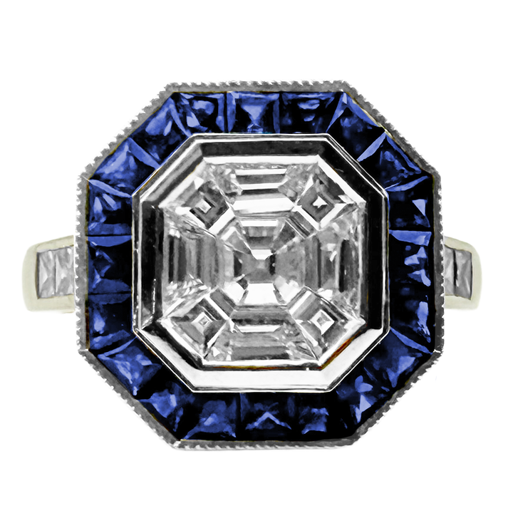 Art Deco Diamond Sapphire 18K WG Design Ring
