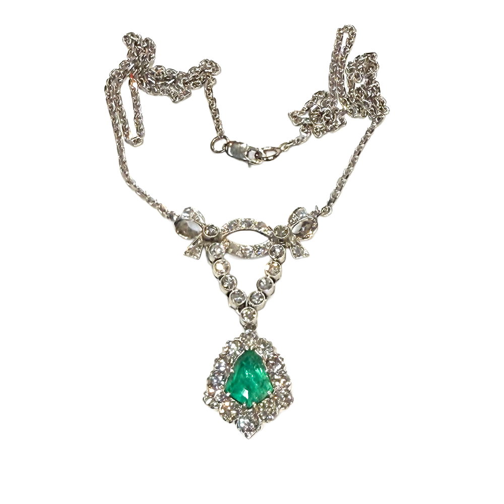 Vintage Emerald Diamond 14K WG Pendant Necklace