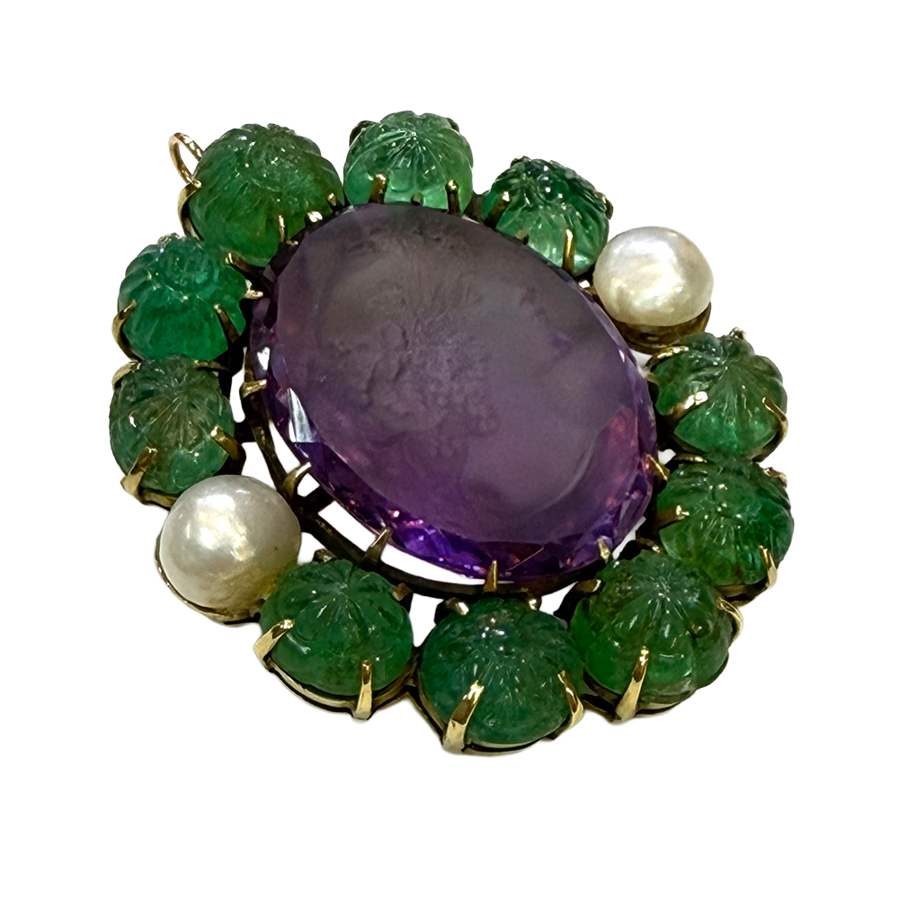 Vintage Amethyst, Emerald, Pearl 14K YG Brooch Pendant