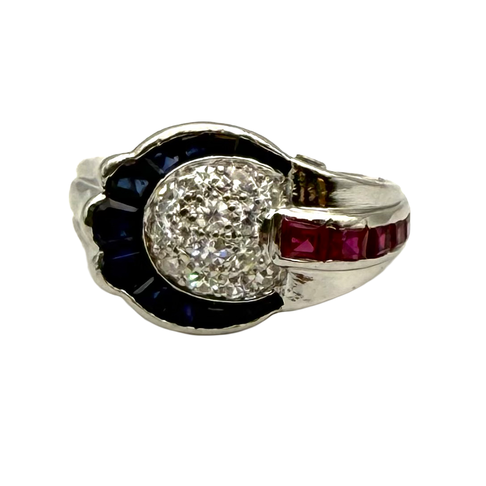 Retro Diamond Ruby Sapphire Platinum Ring