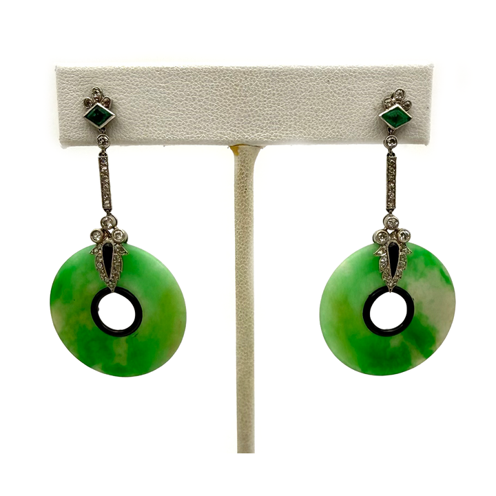 Art Deco Jade Onyx Emerald Diamond Drop Earrings