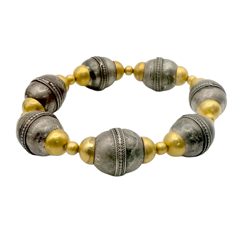 Vintage 18K Yellow Gold & Silver Bead Necklace & Bracelet Suite