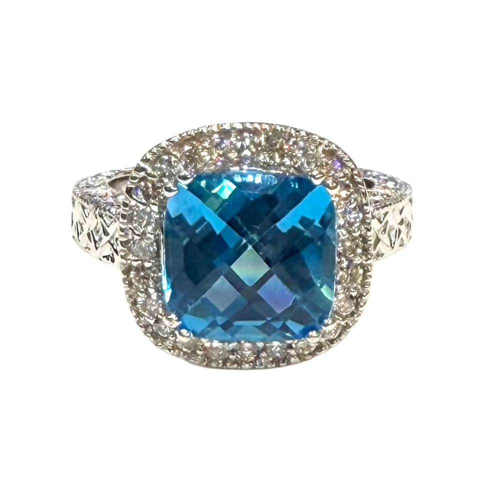 Blue Topaz Diamond 14K WG Ring