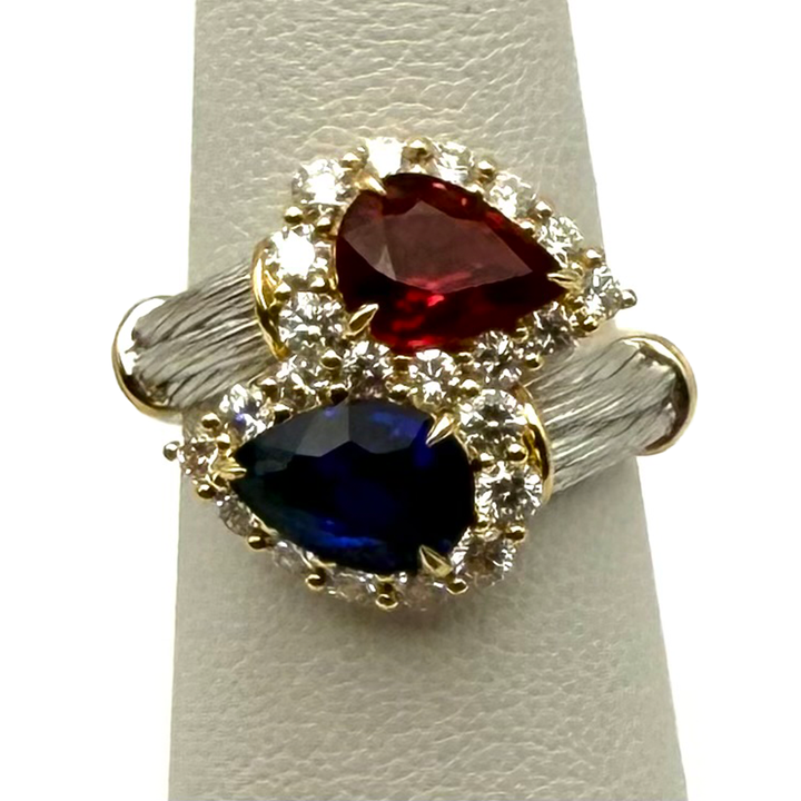 Ruby Sapphire Diamond 18K YG & WG Saddle Design Ring