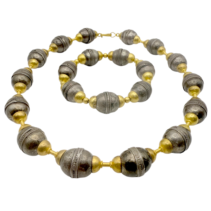 Vintage 18K Yellow Gold & Silver Bead Necklace & Bracelet Suite