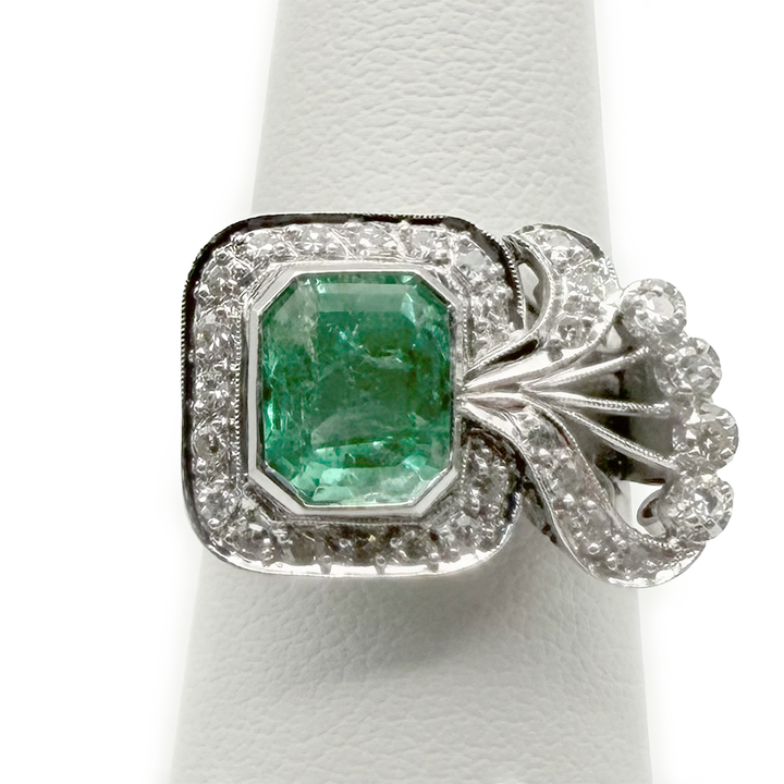 Emerald Diamond 10K White Gold Vintage Ring