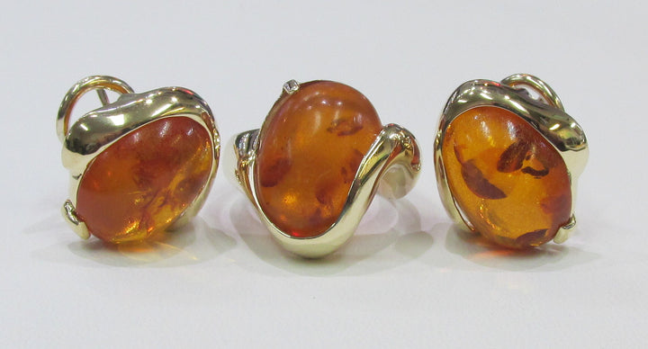 Amber 14K Yellow Gold Ring & Earring Suite