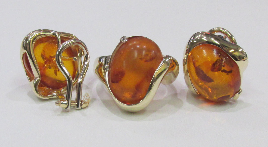 Amber 14K Yellow Gold Ring & Earring Suite