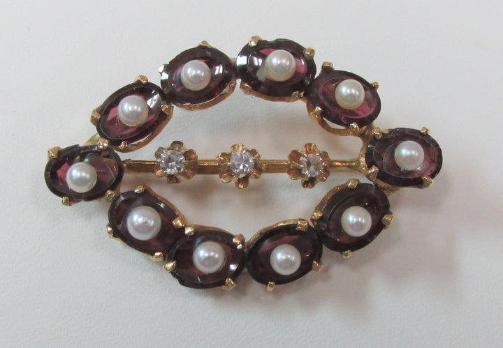 Vintage Garnet Pearl Diamond 14K Yellow Gold Brooch